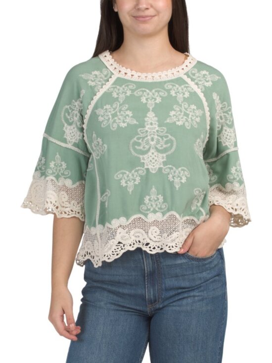 Democracy Tops - DEMOCRACY Scoop Neck Two Tone Embroidered Crop Top With Crochet Scalloped Trim